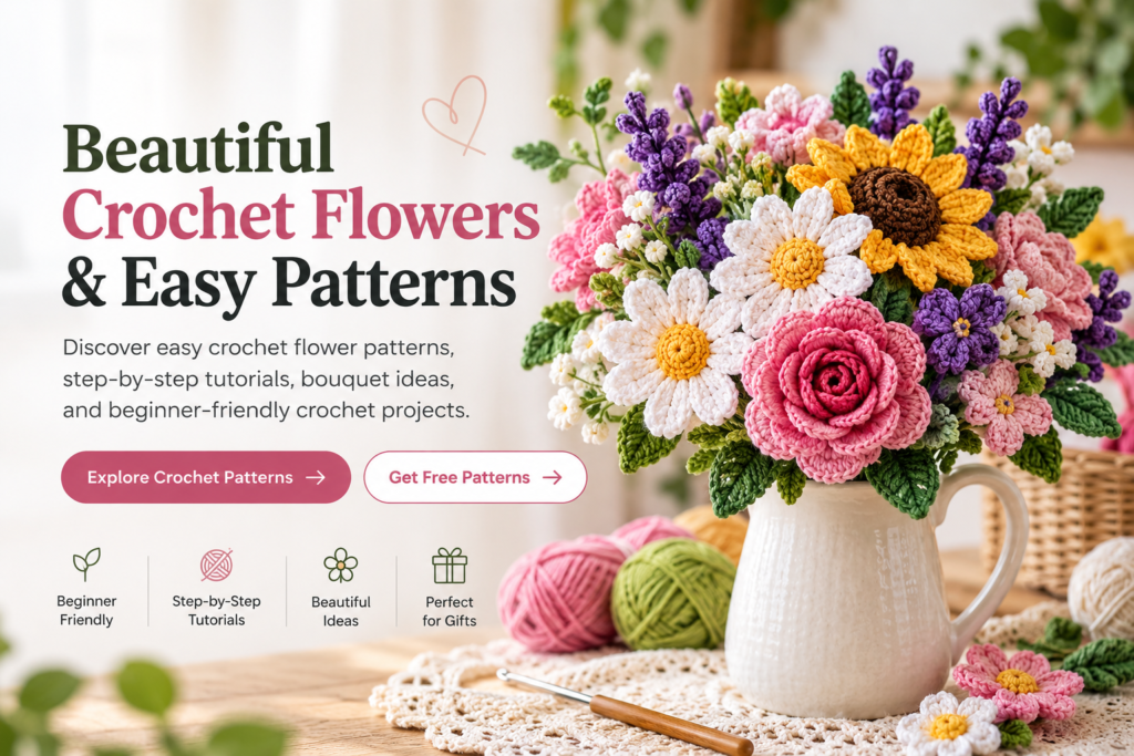 Colorful handmade crochet flower bouquet with roses, daisies, sunflowers, and leaves
